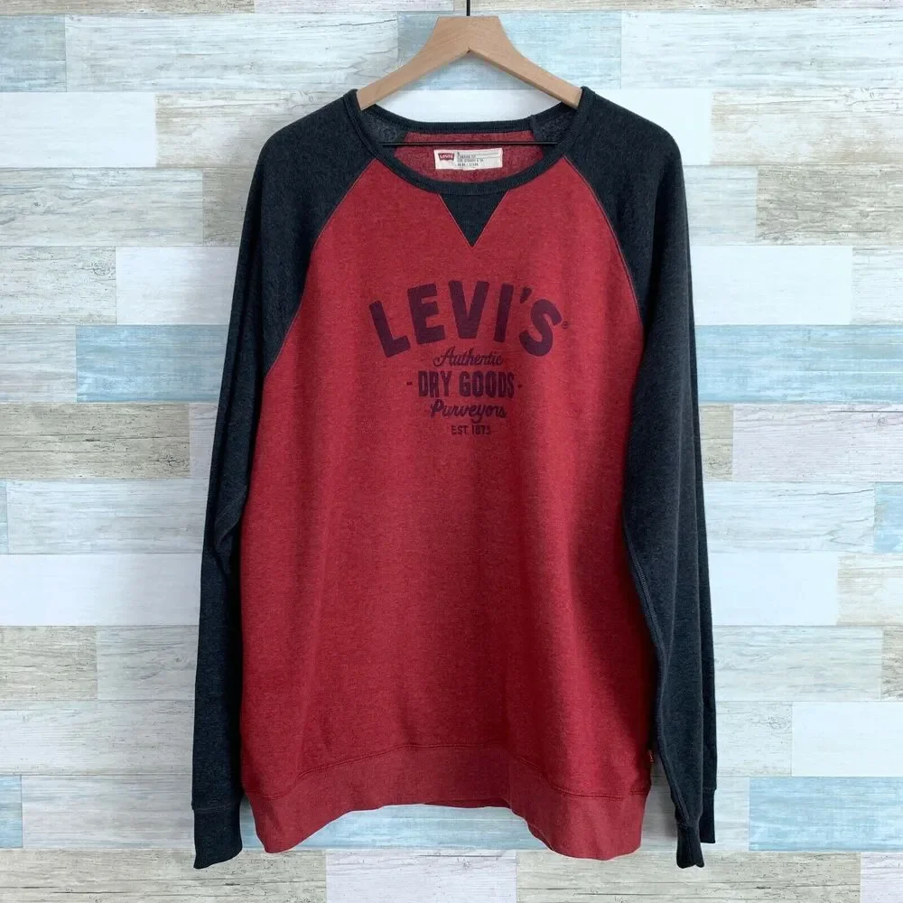 Levis Logo Crew Raglan Sweatshirt Red Gray Standard Fit Casual Lounge Mens XL